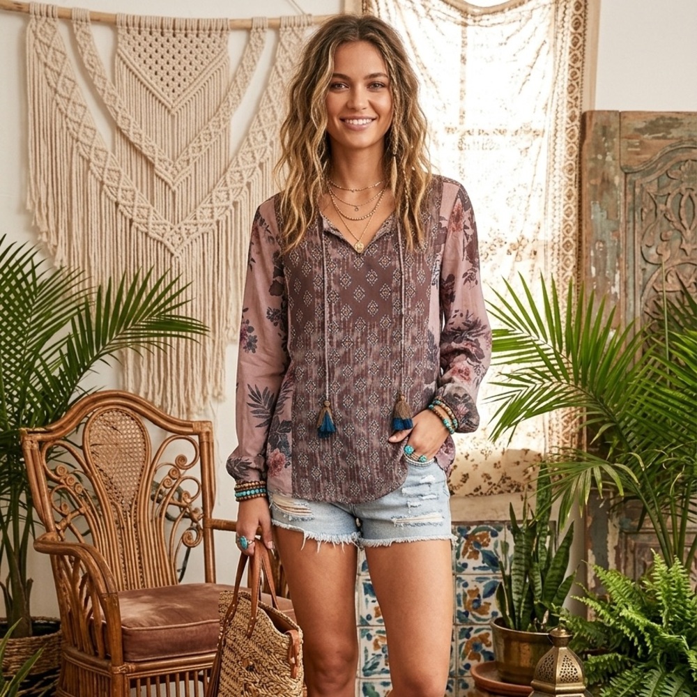 Tolani Mauve and Brown Patterned Boho Blouse